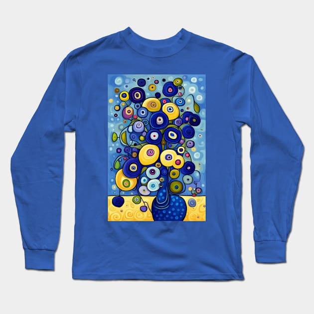 Blue and Gold Cute Abstract Flowers in a Blue Vase Still Life Painting Long Sleeve T-Shirt by bragova